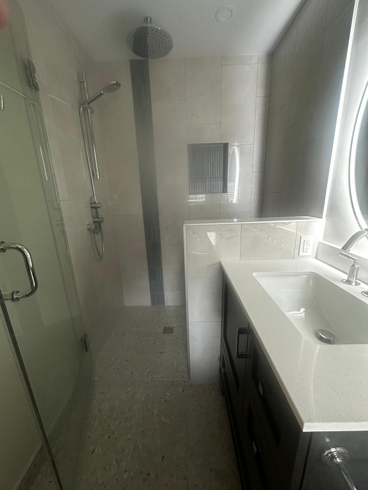 Finished bathroom vanity and shower