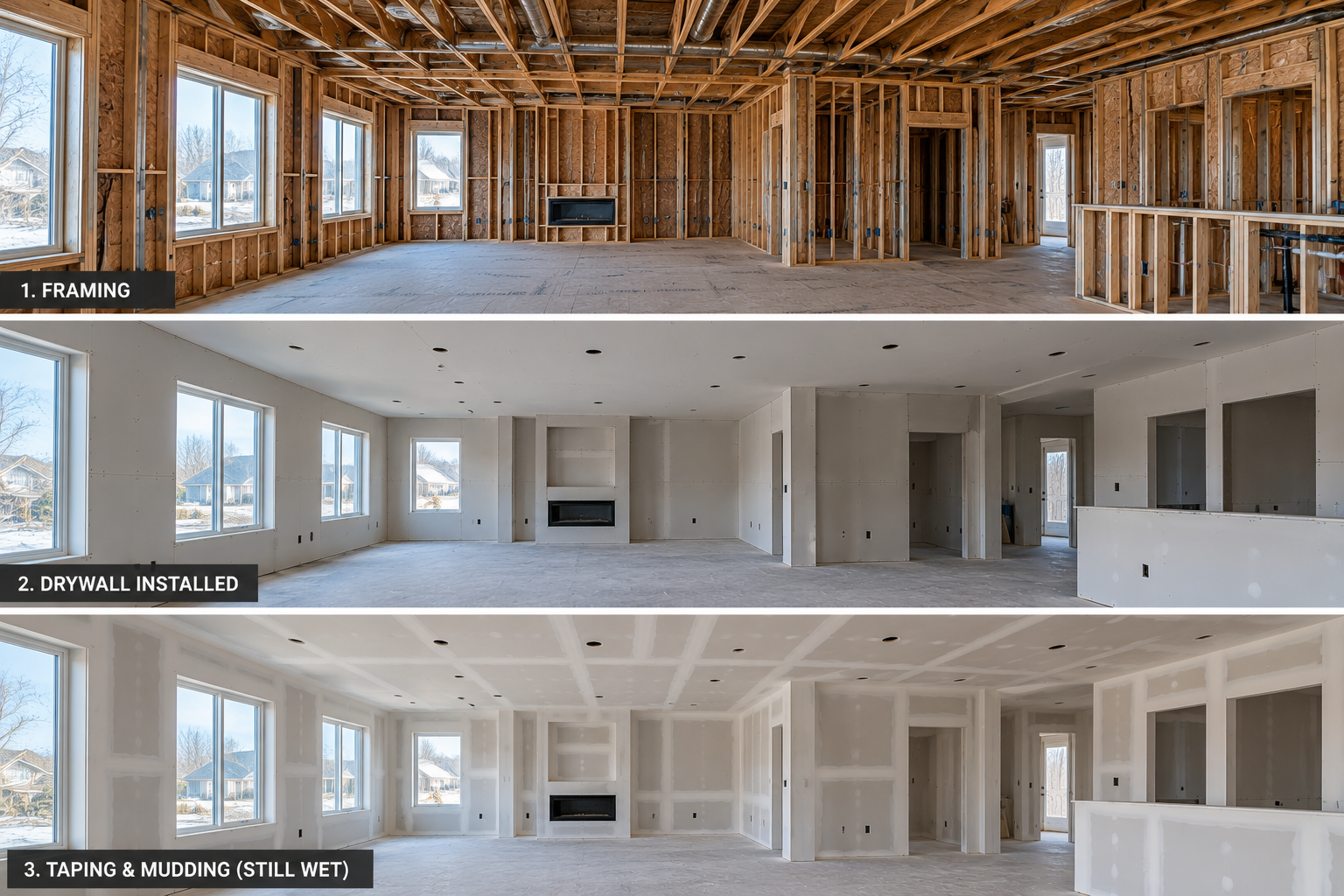 Three-stage project progress showing framing, drywall installed, and taping and mudding