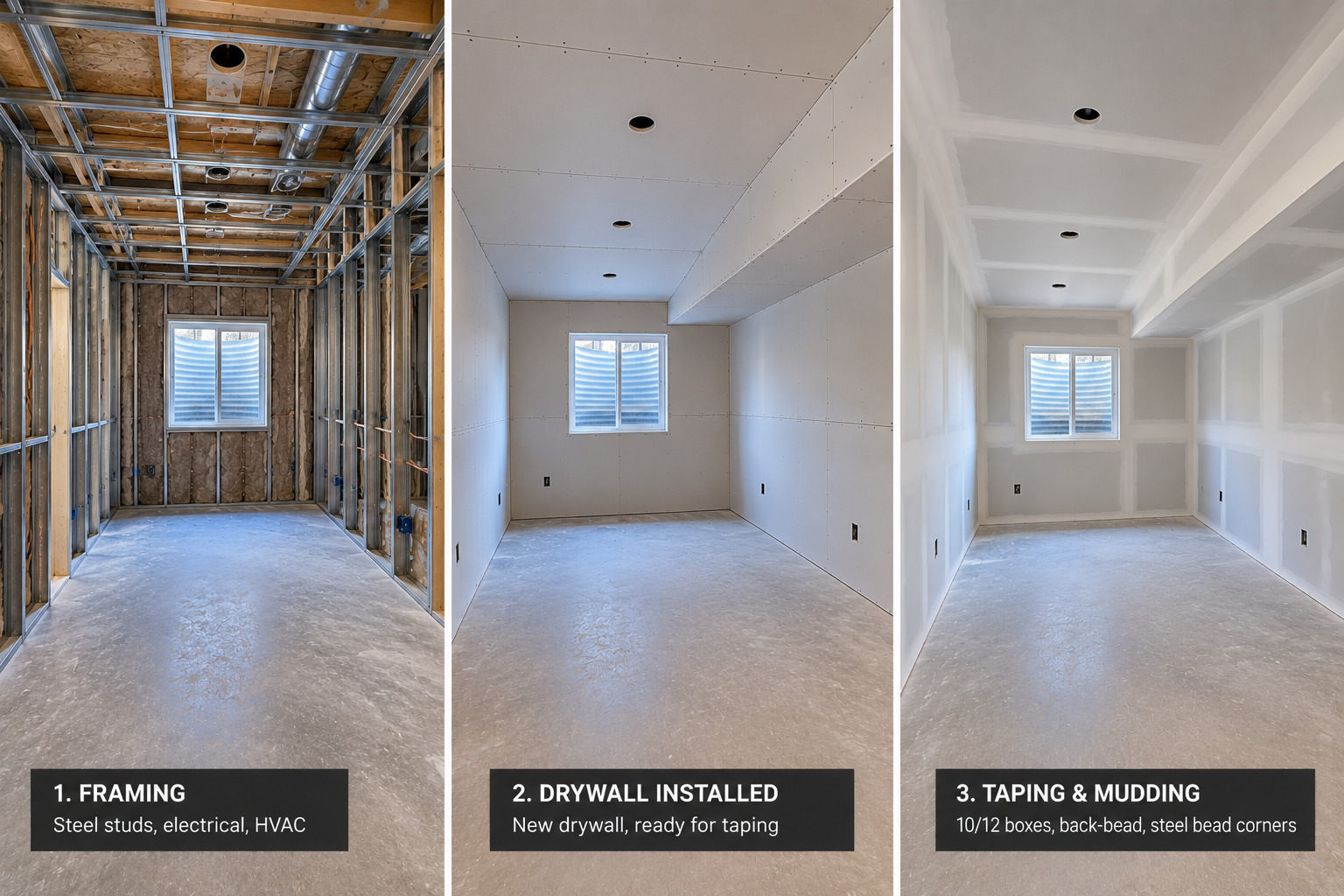 Project progress from framing to drywall to taping and mudding in a smaller room